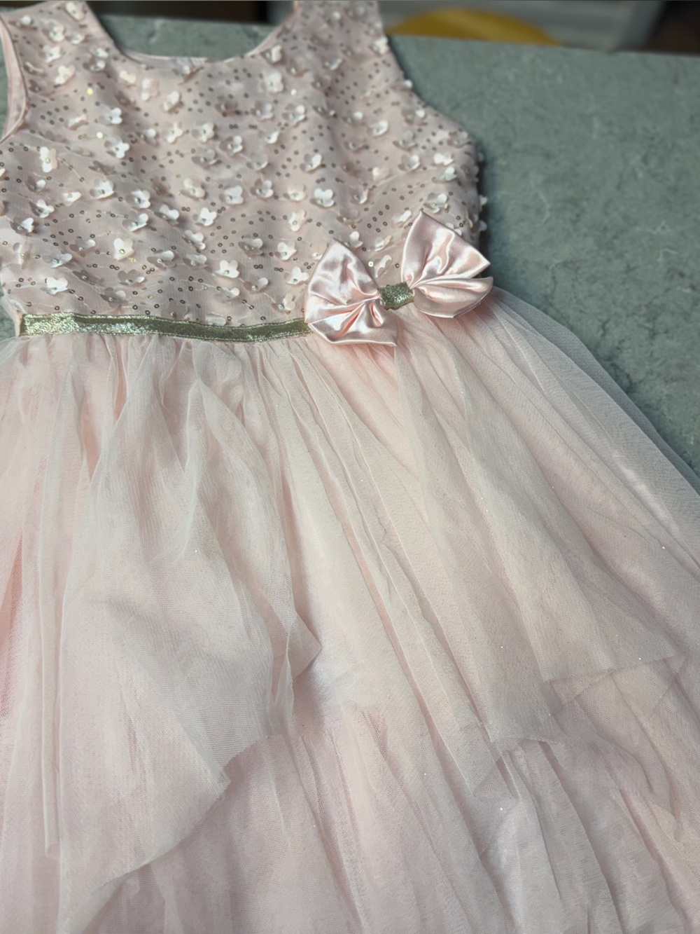 Jona Michelle Pink and Gold Floral Sequin Tulle Dress